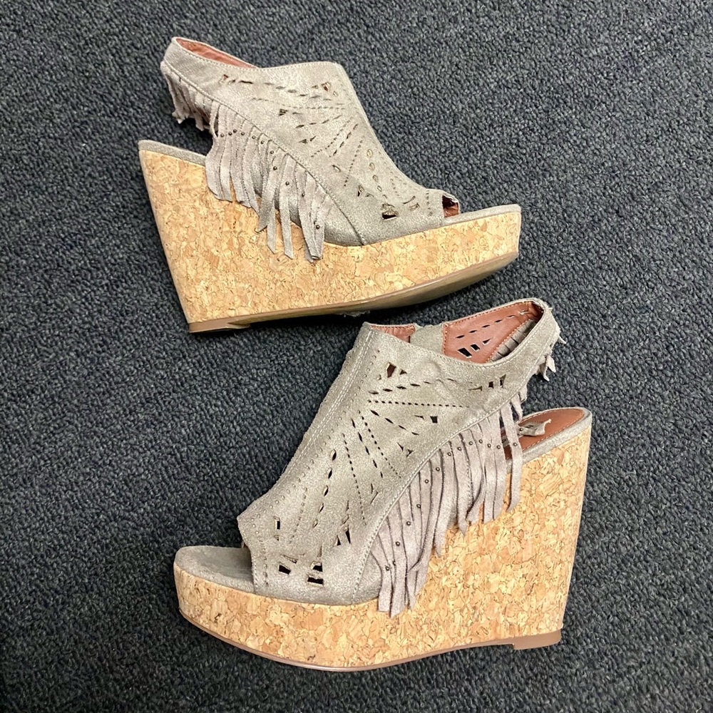 Not Rated taupe fringe wedges